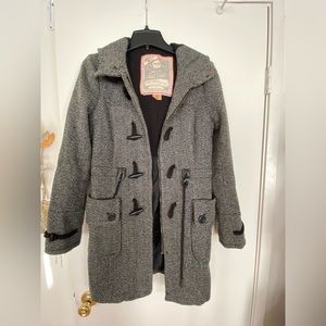 Knee length hooded jacket, size small, black and white